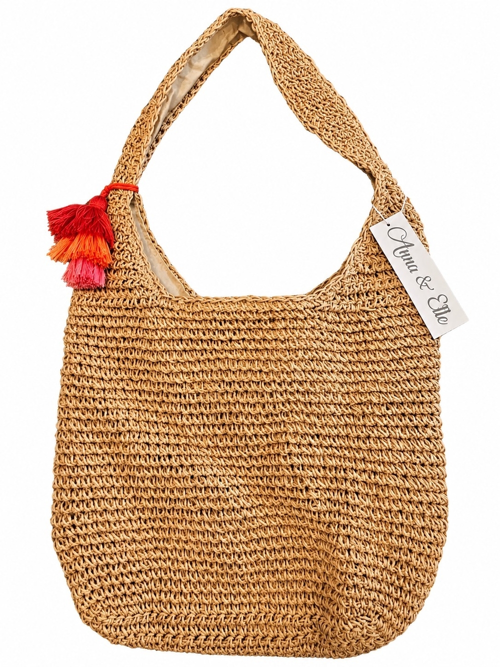 Anna & Elle Straw Crochet Shoulder Bag Tan Raffia Tassel NWT - Picture 1 of 1